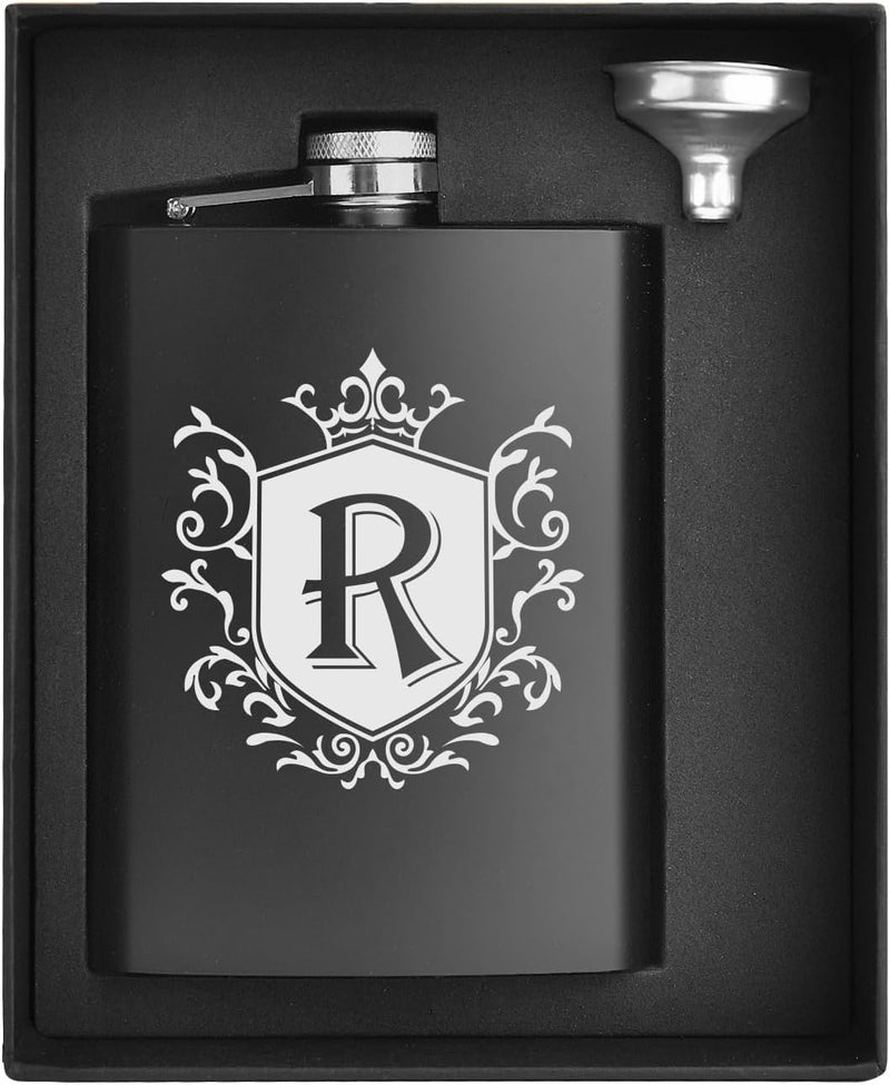 Ugiftcorner Flask for Men with Initials Engraved Stainless Steel Whiskey Hip Flasks for Liquor with Funnel 8 OZ Monogrammed Groomsmen Gifts Personalized Christmas Birthday Dad Gifts for Him Letter R - Image 1